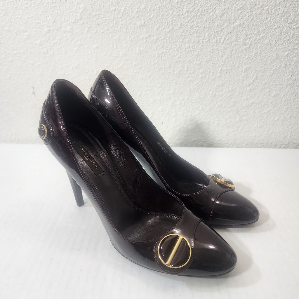 Louis Vuittonvintage Patent Leather Pumps Lv Logo Burgundy Brown 38.5